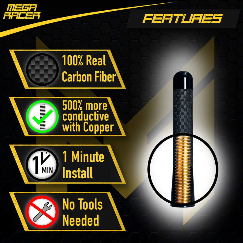 [Australia - AusPower] - Mega Racer Black Carbon Fiber Antenna for Truck, Car, SUV - 3 Inch Universal Fit, AM/FM Radio Compatible, 6061 Solid Aluminum, Anti-Theft Design, Car Wash Safe, Antenna Replacement, 1 Piece 3" Black 