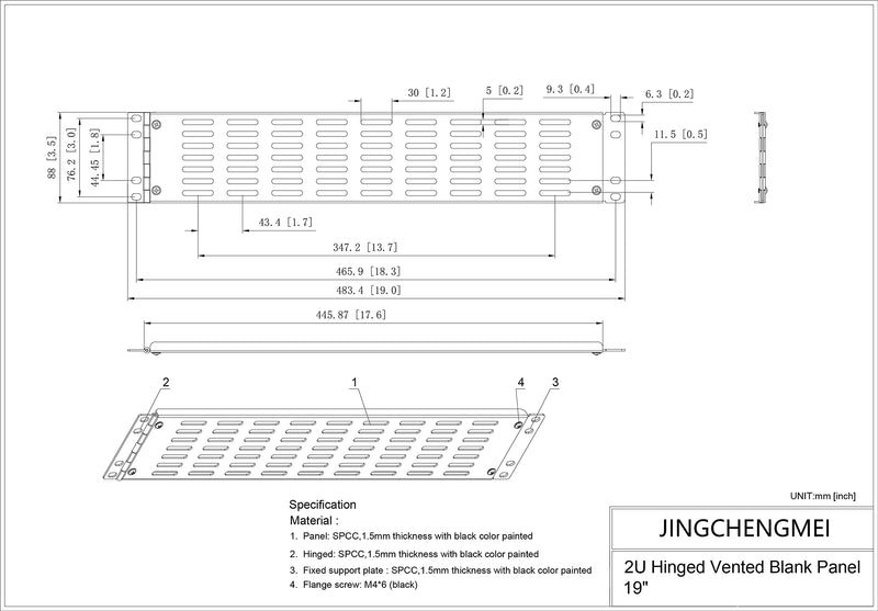 [Australia - AusPower] - Jingchengmei 2U Hinged Blank Panel - Slot Vented Server Rack Panel for 19-Inch Network Cabinet or Server Rack Enclosure Black (2UVBPHN, Black) 