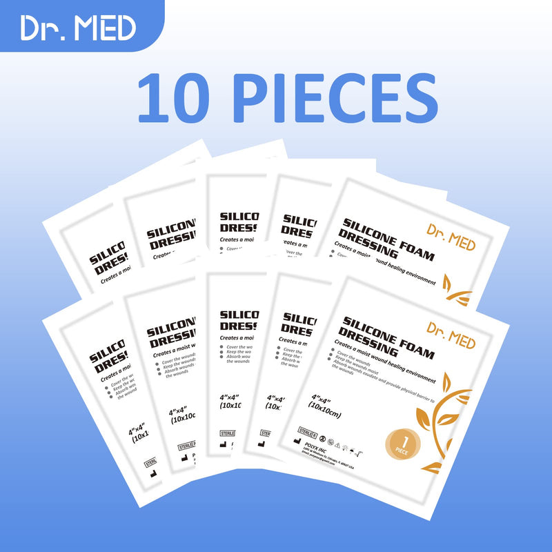 [Australia - AusPower] - Dr. Med Silicone Foam Dressing 4"x4", Waterproof Border Adhesive Wound Care Pad, Central Super-Absorbent Foam Bandage for Pressure Sore, Diabetic Ulcer, Leg Ulcer and Burns(10 PCS/Box) 4" x 4" (Pack of 10) 