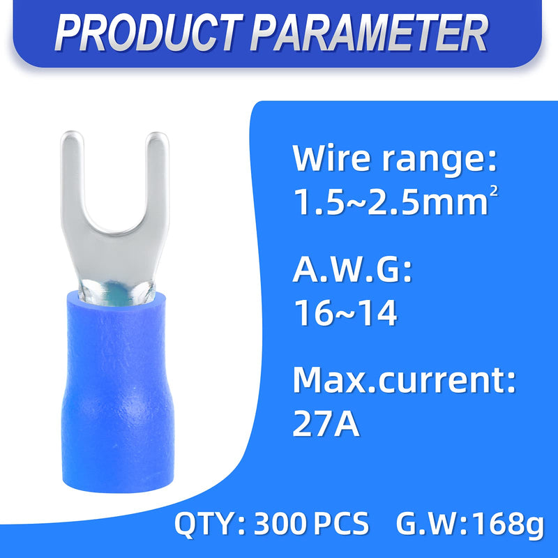 [Australia - AusPower] - 300 Pcs Blue 16-14 AWG Insulated Fork Spade U-Type Wire Connector Electrical Crimp Terminal 