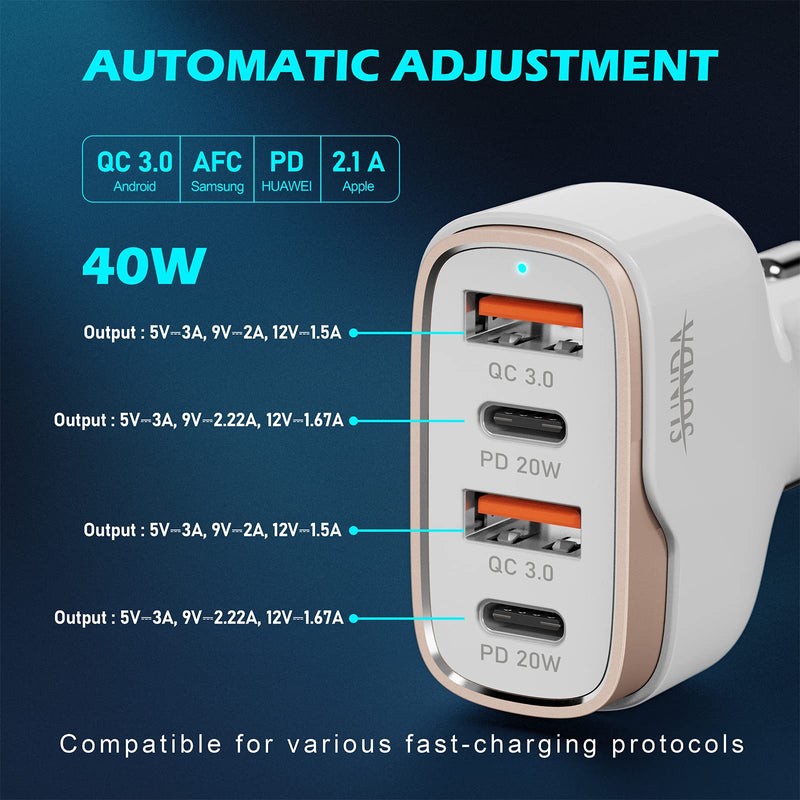 [Australia - AusPower] - SUNDA 40W USB C Fast Car Charger, 4-Ports Car Charger Adapter, Dual Type C PD 20W Compatible with iPhone13/12Pro/Max/iPhone11/Pad Pro/Galaxy/Samsung, Dual USB-A 18W QC3.0 for Android CC53-2A2C 