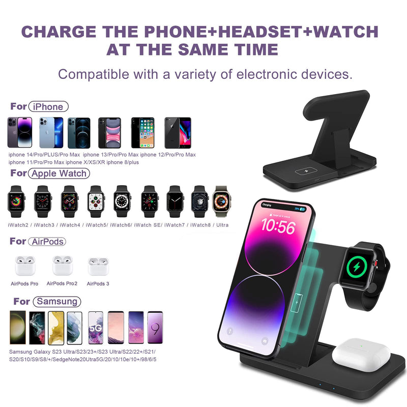 [Australia - AusPower] - iPhone Charger,Fast Charging Station,Cell Phone Chargers & Power Adapters,3in1 Qi Fast for iPhone 14/13/12/11/Pro/X/Max/XS/XR/8/Plus,Apple Watch7/6/5/4/3/2/SE,Airpods 3/2/Pro,Samsung Galaxy (Black) 