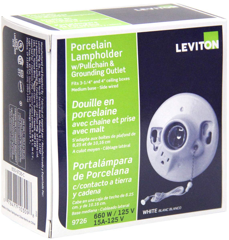 [Australia - AusPower] - Leviton 9726-C One-Piece Glazed Porcelain Outlet Box Mount, Incandescent Lampholder, Pull Chain, Top Wired, White 1 Pack 