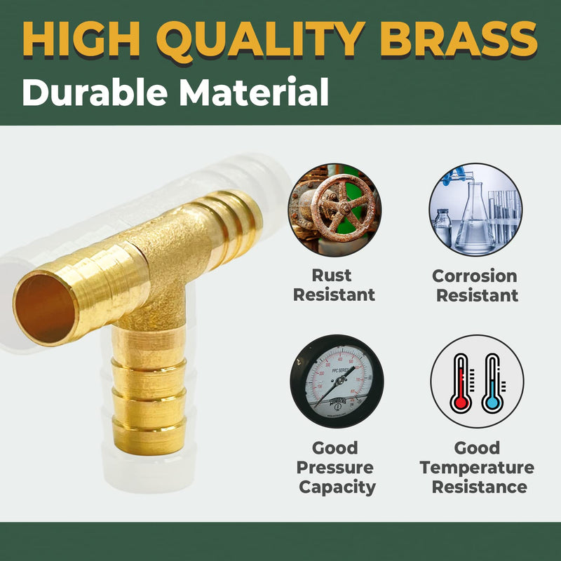 [Australia - AusPower] - LIONMAX Barb Tee Fittings 3 PCS, 3/8" x 3/8" x 3/8" ID Hose Barb, Brass Hose Barb T Fitting 3 Way Union Fittings, with 9 Hose Clamps, for Water/Fuel/Air 