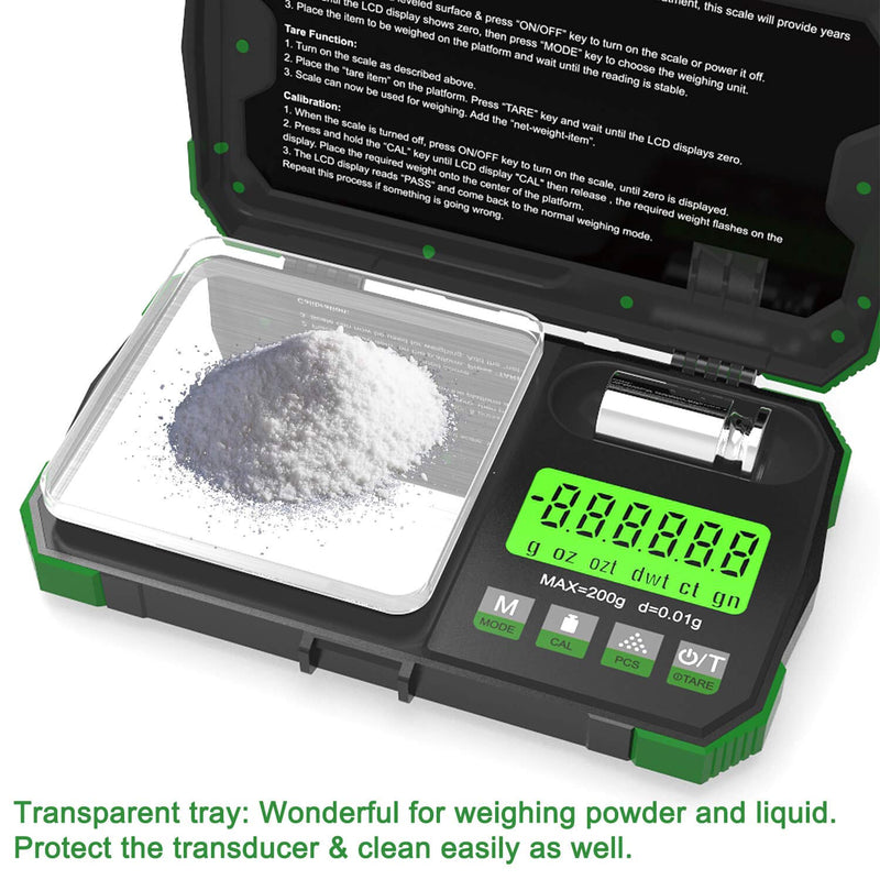 [Australia - AusPower] - Gram Scale Pocket Size, 200/0.01g Small Scale w/ Tray, Herb Coin Scale LCD Backlight Arrow Scale with USB Power Supply Port Read in 6 Units 50g Calibration Weight Included Green 