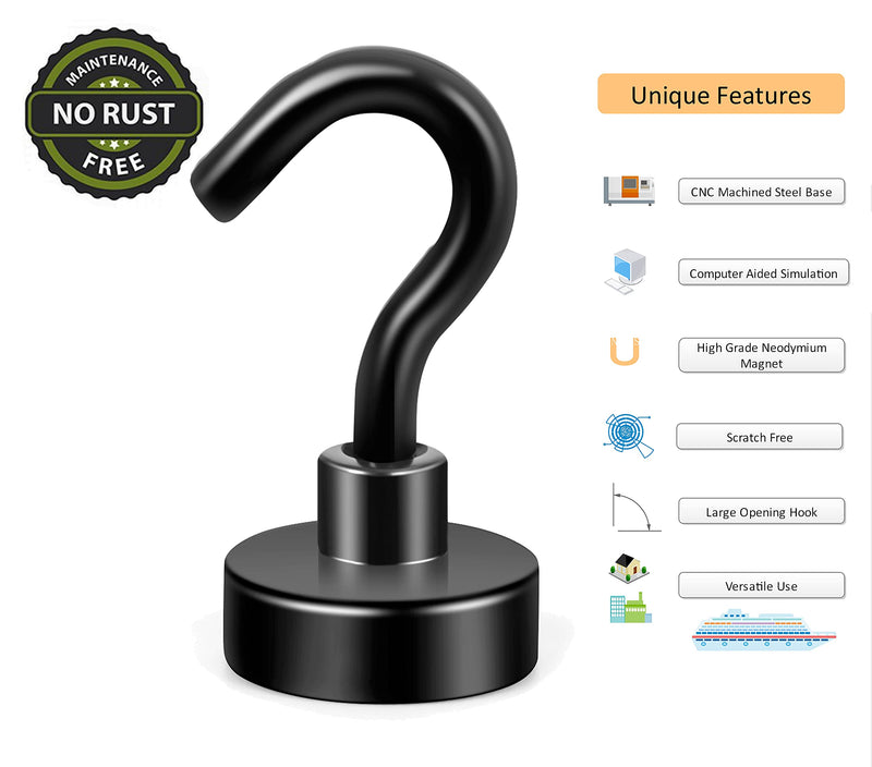 [Australia - AusPower] - Neosmuk Black Magnetic Hooks, 22 lb+ Heavy Duty Earth Magnets with Hook for Refrigerator, Extra Strong Cruise Hook for Hanging, Magnetic Hanger for Curtain, Grill (Black, Pack of 6) 22lbs Magnetic hooks 