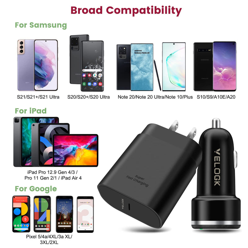 [Australia - AusPower] - Super Fast Charger Type C Kit, VELOGK 25W PD PPS USB C Wall/Car Charger for Samsung Galaxy S22/S21/S20/Plus/Ultra/FE/Note 20/10/A71,2020/2018 iPad Pro/Air,with 2X Nylon-Braided USB C-to-C Cable(6.6ft) 6.6ft + 6.6ft 