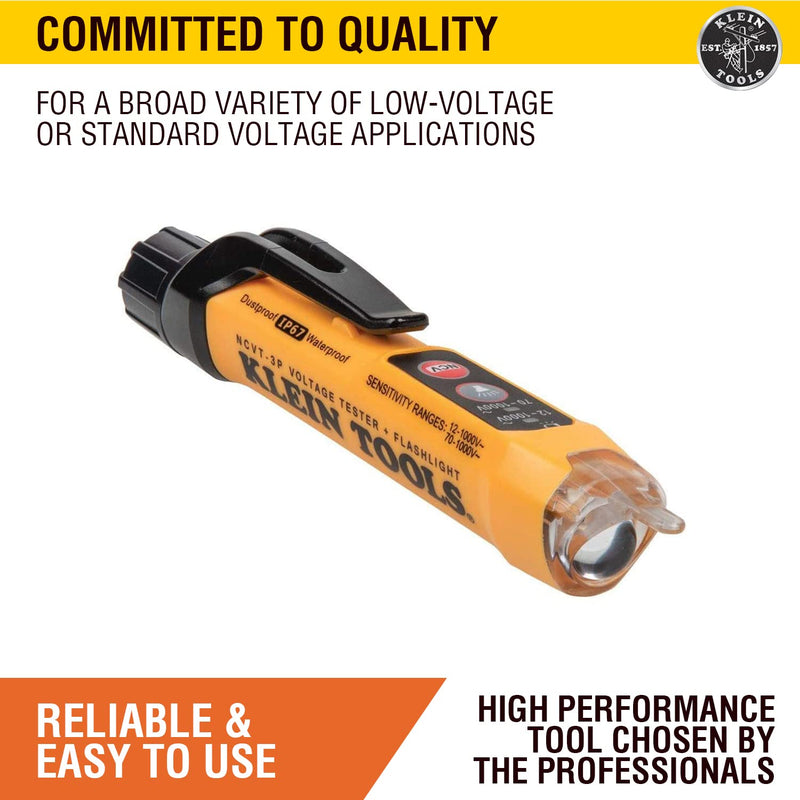 [Australia - AusPower] - Klein Tools NCVT3P Dual Range Non Contact Voltage Tester, 12 - 1000V AC Pen, Flashlight, Audible and Flashing LED Alarms, Pocket Clip NCVT 