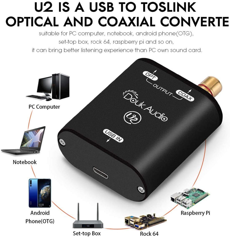 [Australia - AusPower] - Douk Audio USB Converter XMOS XU208 Digital Interface TOSLINK Coaxial DOP SPDIF Adapter DSD64 PCM192Khz 