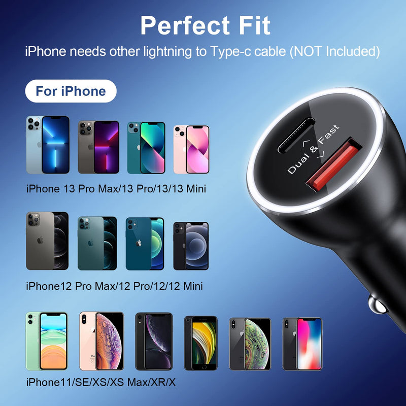 [Australia - AusPower] - USB C Car Charger, VOLPORT 3A Dual Port Car Lighter Adapter with 19.5W Power Delivery and Quick Charge 3.0 Compatible with iPhone 13 12 11 Pro Max X XR XS Sumsung Google Pixel, Type C Cable Included Black 