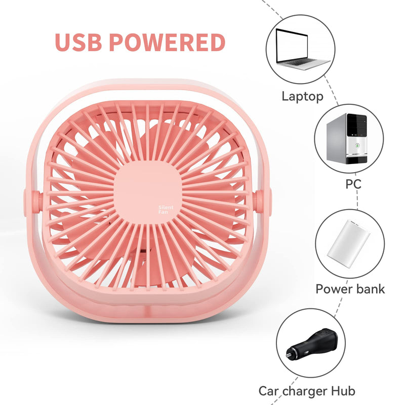 [Australia - AusPower] - RJVW Small USB Desk Fan, 3 Speeds Portable Table Fan, 4 inch Personal Min Fan,Small Cooling Fan by USB Plug In, 360°Rotatable Silent Desktop Fan for Home Office Bedroom Dorm Indoor Outdoor Summer Gift Pink 