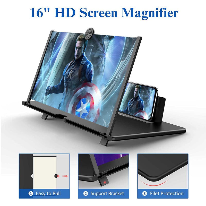 [Australia - AusPower] - 16" Screen Magnifier for Cell Phone – 3D HD Magnifing Screen Enlarger Projector for Movies Videos and Gaming – Foldable Phone Stand Holder with Screen Amplifier–Compatible with All Smartphones Black-16'' 