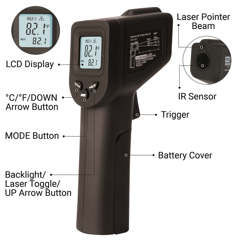 [Australia - AusPower] - ROKTEK T2500 Infrared Thermometer, Non-Contact Digital Temperature Thermometer -58 to 716°F (-50 to 380°C), 12:1 Distance to Spot, Standard Size, Black, Backlit Display 