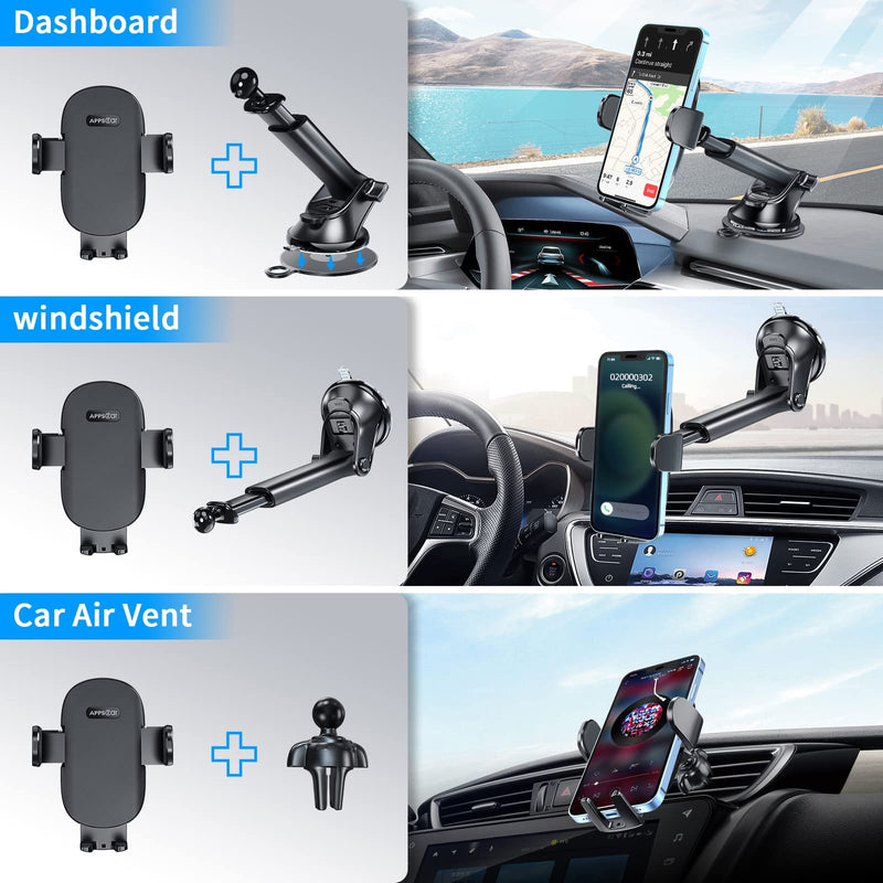 [Australia - AusPower] - [2022 Upgraded] 3-in-1 Stable Car Phone Mount, Long Arm Suction Cup Phone Holder for Car Dashboard Windshield Air Vent Universal Hands Free Clip Cell Phone Holder, Compatible with All Cellphone 