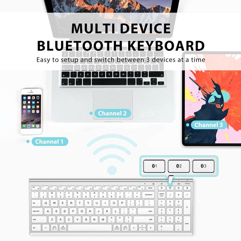 [Australia - AusPower] - iClever BK10 Bluetooth Keyboard, Multi Device Keyboard Rechargeable Bluetooth 5.1 with Number Pad Ergonomic Design Full Size Stable Connection Keyboard for iPad, iPhone, Mac, iOS, Android, Windows silver 