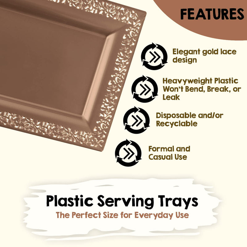 [Australia - AusPower] - 4 (pk) Yumchikel 14" x 7.5" Rose Gold Lace Rim Plastic Serving Trays & Platters | Heavy Duty Disposable Decorative Dessert Tray - Party Platters for Upscale Parties Weddings Brand: Yumchikel 
