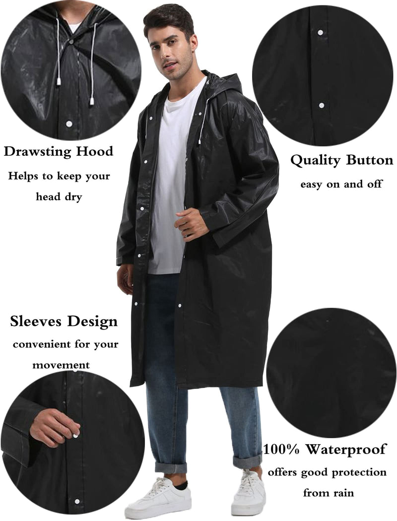 [Australia - AusPower] - Rain Ponchos for Adults Reusable - Borogo 2Pcs Raincoats Emergency Survival with Hoods and Sleeves for Women Men Black 