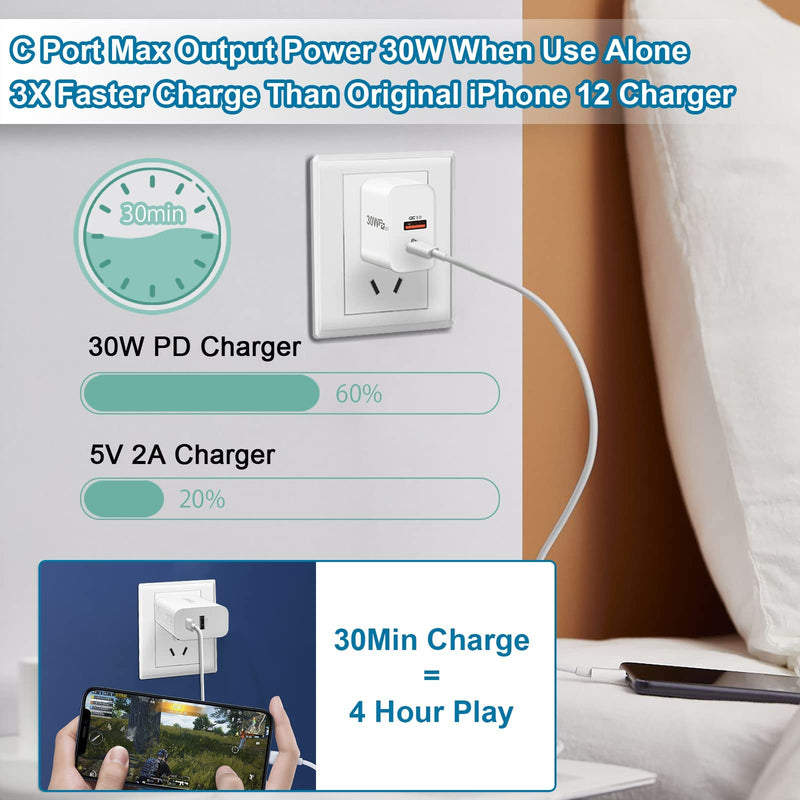 [Australia - AusPower] - USB Wall Charger for iPhone, Upgraded 30W Dual Port Fast Charger Block, Foldable Plug Wall Type C Charger for iPhone 13/12/11 Pro Max Mini iPad Watch Switch MacBook Air Google Pixel 6 Samsung Galaxy White 