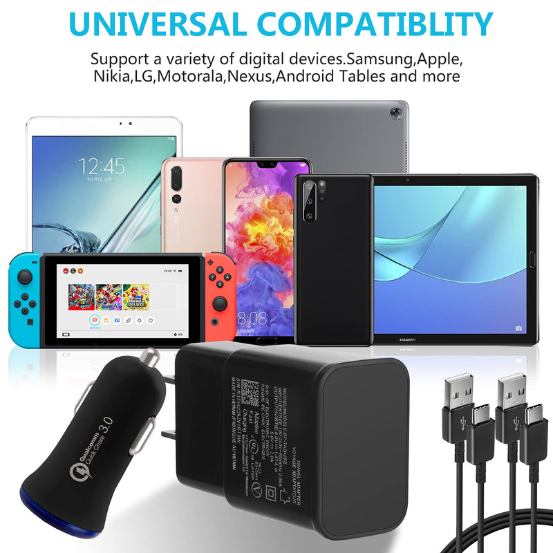 [Australia - AusPower] - Adaptive Fast Charger Kit Compatible with Samsung Galaxy S21/S20/Plus/Ultra/S10/S10E/S9/S8/Note 20/10/9/8/A20, Quick Charge 3.0 Charger kit, Wall Charger + Car Charger + 2 x Type C USB Cables (Black) 