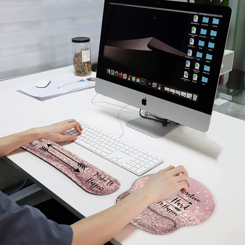 [Australia - AusPower] - Ergonomic Mouse Pad Wrist Support Gel and Keyboard Wrist Rest Set for Laptop , Gaming and Office, Durable, Comfortable and Pain Relief + Coaster,Stay Positive Work Hard and Make It Happen Pink Glitter 