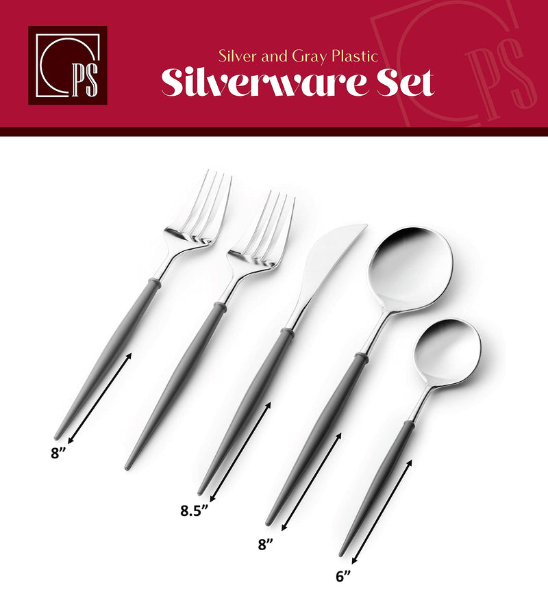 [Australia - AusPower] - Plastic Cutlery Set-40 Set- Disposable Forks, Spoons, Knives- Fancy Flatware Utensil Set for Dinner, Salad, Soup, Tea- Heavy Duty Handle, Modern, Reusable- For Parties, Weddings, Catering Silver and Gray 