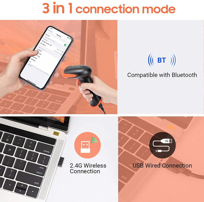 [Australia - AusPower] - Tera Pro Fully Upgraded Wireless 2D QR Barcode Scanner with Stand, 3 in 1 Bluetooth & 2.4GHz Wireless & USB Wired, Connect Smart Phone Tablet PC, Image Bar Code Reader with Vibration Alert, HW0002 Orange 