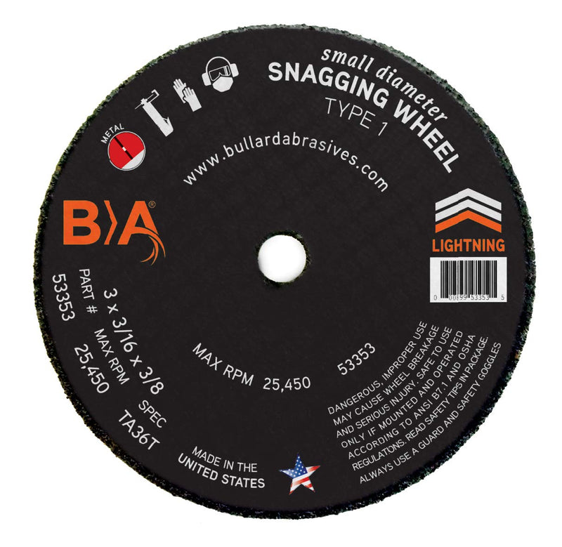 [Australia - AusPower] - Bullard Abrasives 53353, Lightning Performance, TA36T, Small Diameter Snagging Wheels, 3 x 3/16 x 3/8, T1 (Pack of 5) Pack of 5 