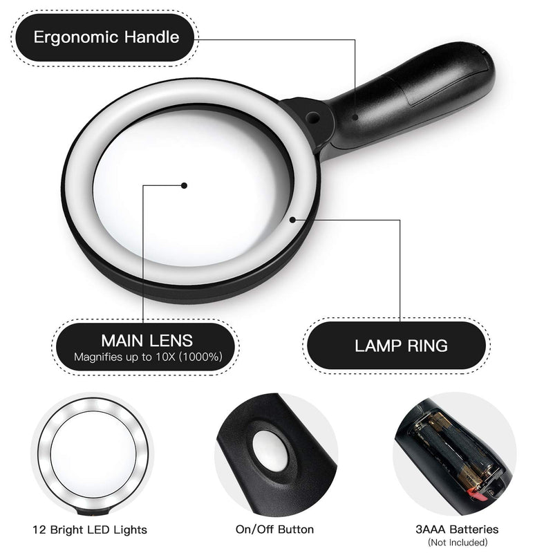 [Australia - AusPower] - Lighted Magnifying Glass-10X Handheld Reading Magnifier Glass with 12 LED Lights for Seniors & Kids- Large and Real Magnifying Lens for Seniors Reading, Soldering, Inspection, Coins, Jewelry, Explorin Black 