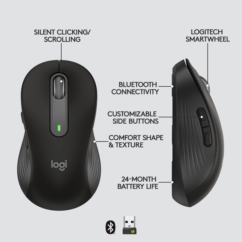 [Australia - AusPower] - Logitech Signature M650 Wireless Mouse - for Small to Medium Sized Hands, 2-Year Battery, Silent Clicks, Customizable Side Buttons, Bluetooth, Multi-Device Compatibility - Black Right Handed Small-Medium Size 