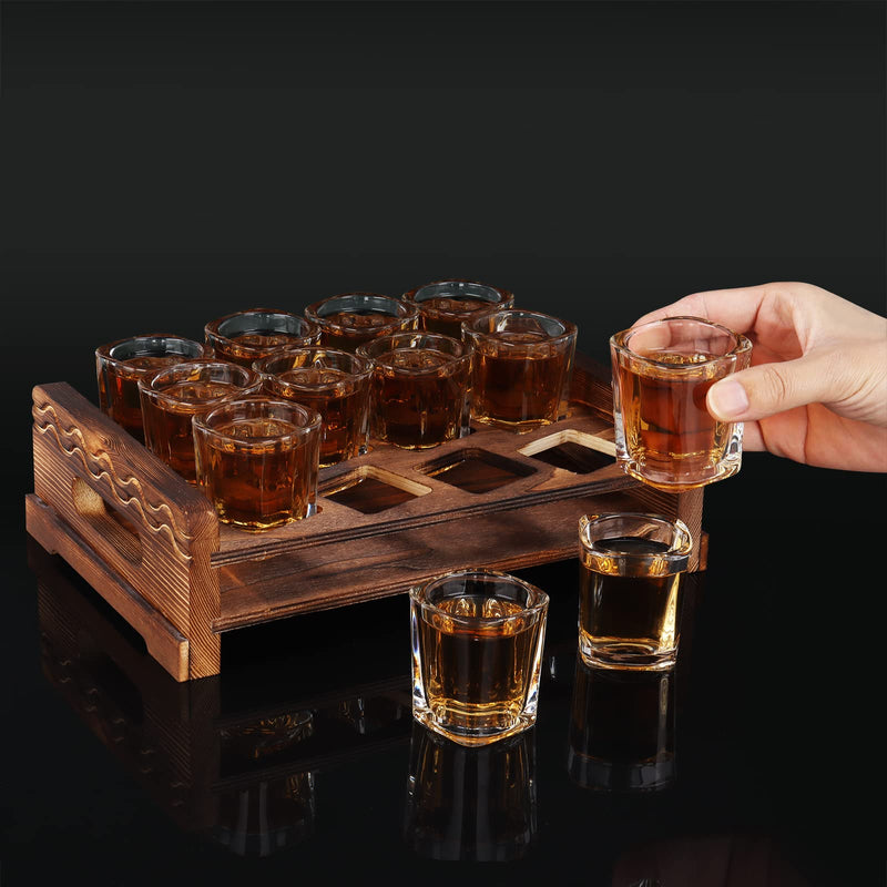 [Australia - AusPower] - Shot Glass Holder Set with 12 Clear Shot Glasses, Vivimee 2.3 oz Square Shot Glasses Set with Rustic Burnt Wood Serving Tray, Crystal Shot Glass for Whiskey, Tequila, Liqueurs, Party & Collection 