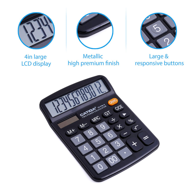 [Australia - AusPower] - Desktop Calculator 12 Digit with Large LCD Display and Sensitive Button, Solar and Battery Dual Power, Standard Function for Office, Home, School, CD-2786 (Black) Black 