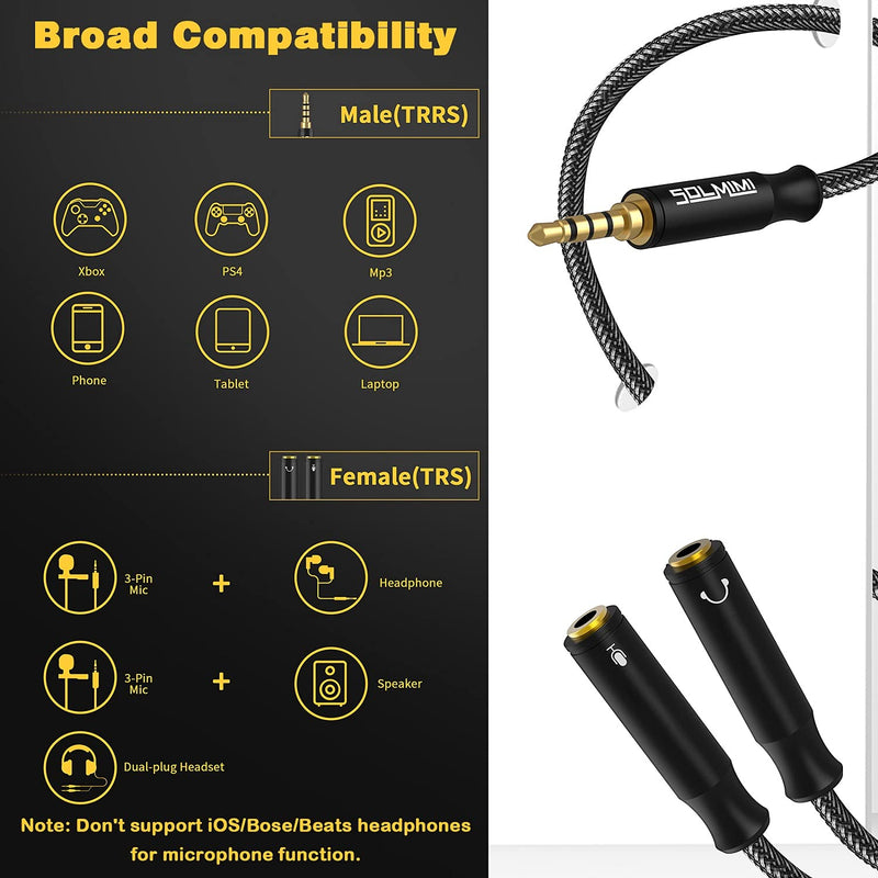 [Australia - AusPower] - SOLMIMI Headset Splitter Adapter Crystal-Nylon Braid / Groove Design 3.5mm Combo Audio Adapter Separate Headphone and Mic Jack Adapter for Dual-Plug Headset to Xbox Smartphone PC - 0.8ft/25CM 0.8ft / 25cm 