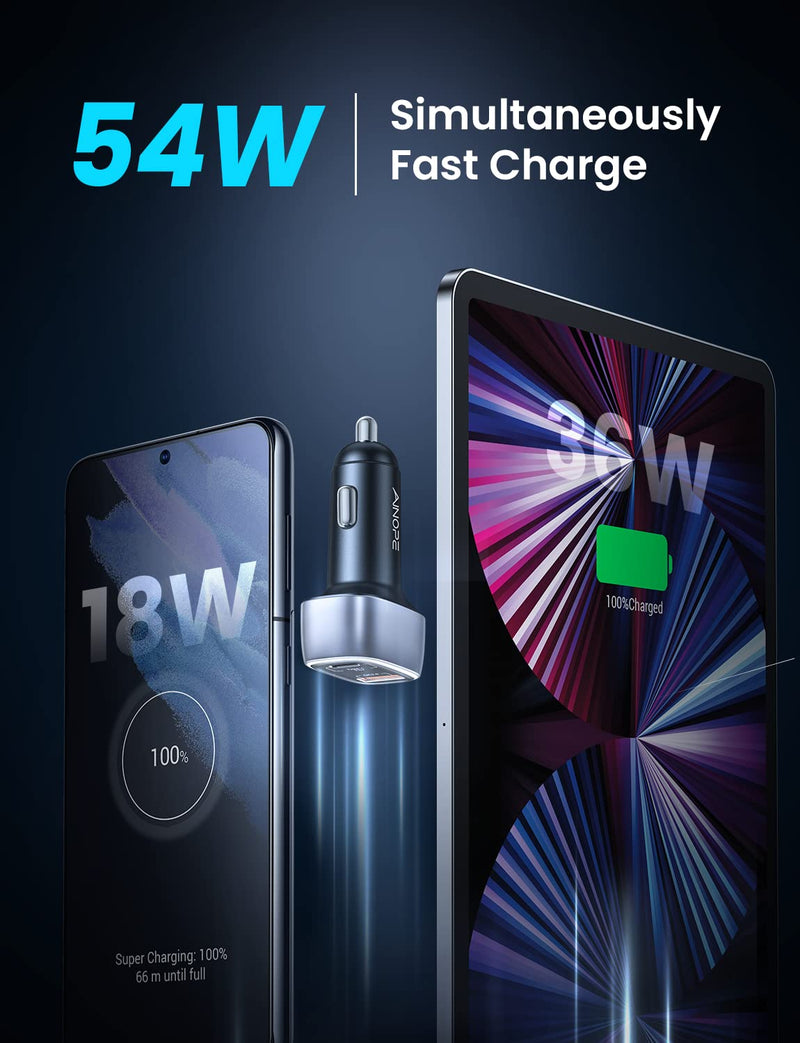 [Australia - AusPower] - 54W USB C Car Faster Charger, AINOPE PD&QC 3.0 Dual Port Fast Car Charger Type C All Metal Car Charger Fast Charge Compatible with iPad Air 5/Pro/Mini 6, iPhone 13 12, Galaxy S22 21 Ultra, MacBook 