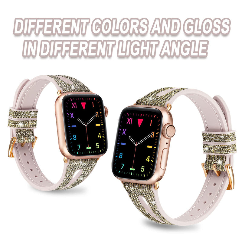 [Australia - AusPower] - Aladrs Slim Glitter Leather and Silicone Hybrid Watch Band Compatible with Apple Watch Band 38mm 42mm 40mm 44mm 41mm 45mm, Narrow Bling Strap for iWatch Series 7/6/5/4/3/2/1 SE Women Glitter Silver 38mm/40mm/41mm 