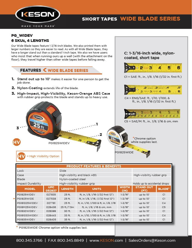 [Australia - AusPower] - Keson PG1835WIDEV Short Tape Measure with Wide Nylon Coated Steel Blade (Graduations: ft, in, 1/8), 1-3/16-Inch by 35-Foot ft, in, 1/8, 1/16 (1/32 first 12”) 