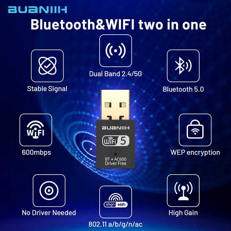 [Australia - AusPower] - USB WiFi Bluetooth Adapter 2-in-1,600Mbps 2.4/5.8Ghz Dual Band Wireless Network,USB 3.0,Plug and Play, for PC/Laptop/Desktop,Support Win7/8/8.1/10/Win 11 