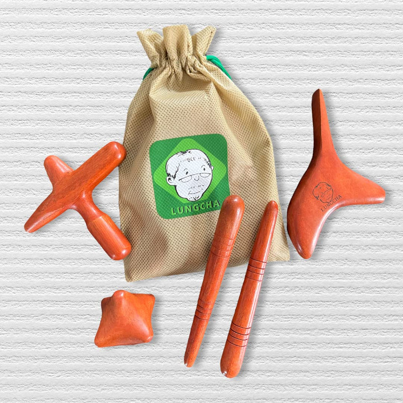[Australia - AusPower] - 4 Types, 5 Piece Set - LUNGCHA Traditional Thai Massage Reflexology Wooden Stick Tool (Set of 4 Types Body Hand Foot Massage) 