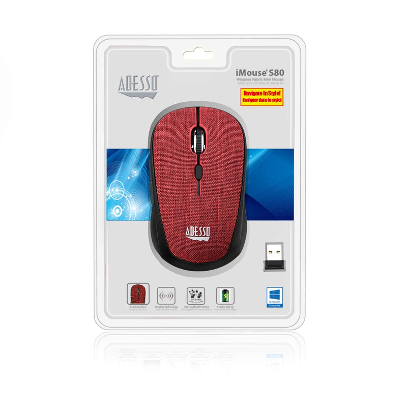 [Australia - AusPower] - Adesso iMouse S80R 2.4Ghz Fabric Wireless Red Fabric Mini Optical Mouse, 5-Button, Red 