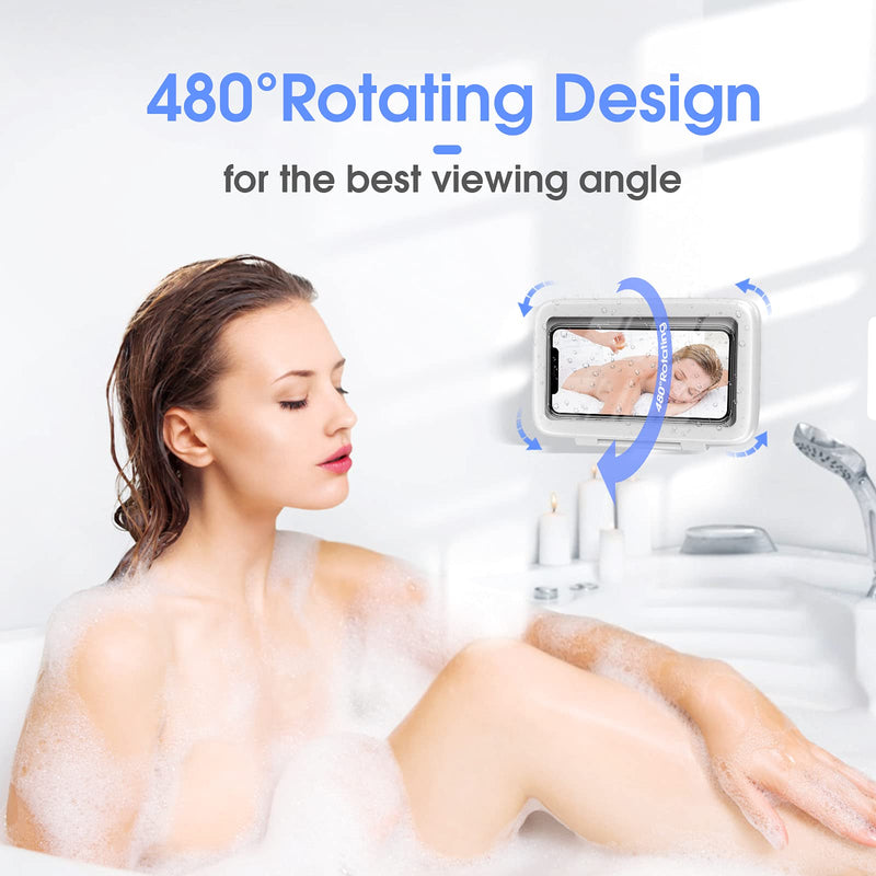 [Australia - AusPower] - Shower Phone Holder Waterproof 480° Rotation Shower Phone Case HD Touch Screen Wall Mount up to 6.8inch for iPhone 11 12 Pro XR XS MAX Samsung Galaxy S21,Pearl White Pearl White 