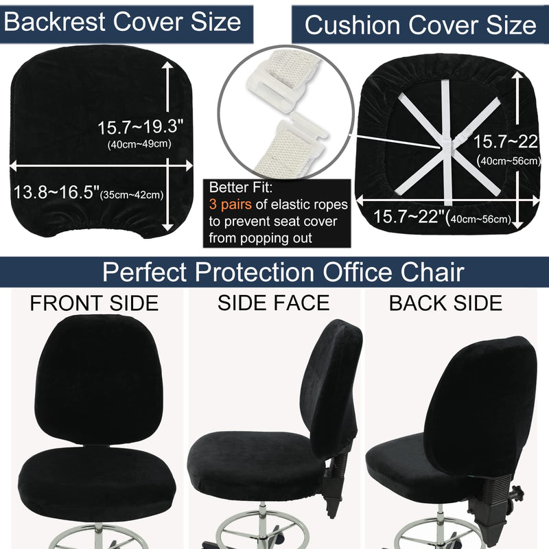 [Australia - AusPower] - BUYUE Office Chair Cover, Super Soft Velvet Stretch Washable Computer Desk Armless Chair Slipcover Dustproof Protectors ( Set of Black ) 1 Black Chair Seat Cover + Backrest Cover 