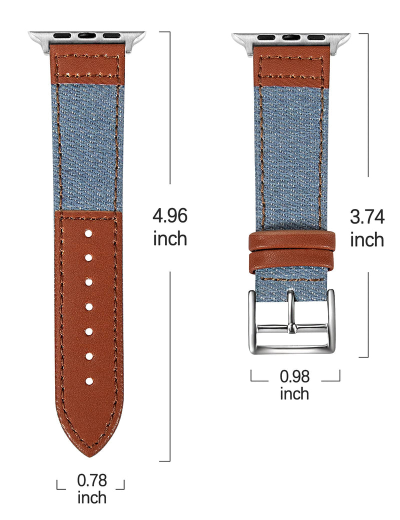 [Australia - AusPower] - Apawband Top-grain Leather Replacement Strap Compatible With Apple Watch 38mm 40mm 42mm 44mm Sport Denim Smartwatch Band for Men Women iwatch SE Series 6/5/4/3/2/1 Light denim and brown 42mm/44mm 