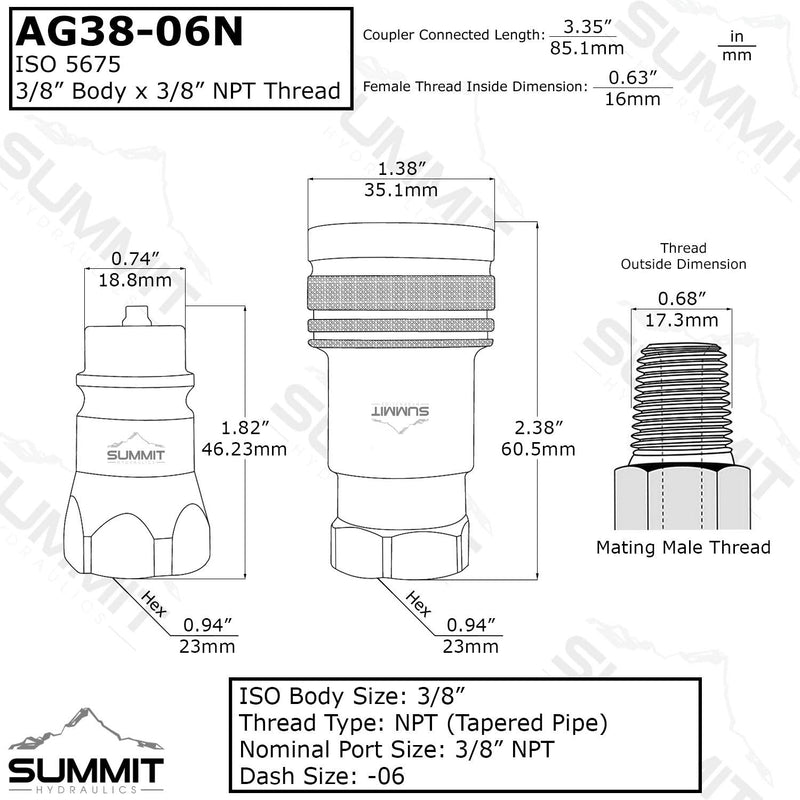 [Australia - AusPower] - 3/8” Ag ISO 5675 Hydraulic Quick Connect Pioneer Style Couplers, 3/8” NPT Thread, 2 Sets 