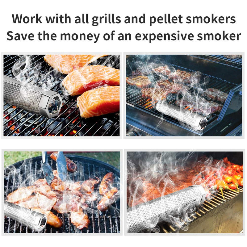 [Australia - AusPower] - Pellet Smoker Tube - 12'' Smoke Tube for Pellet Smoker Grill, Stainless Steel Pellet Tube for Smoking Portable Barbecue Cold Smoke Generator Works with Electric Gas Charcoal Grilling, Bonus Brush Hexagon Tube+2Hooks 