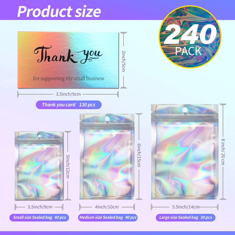 [Australia - AusPower] - 240 Thank You Cards Set, 130 Pieces Rainbow Holographic Sliver Thank You Cards 110 Pieces for Supporting My Small Business Gratitude Card Resealable Packaging for Business Owners Sellers 