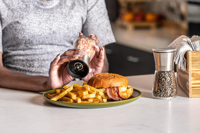 [Australia - AusPower] - Salt and Pepper Grinder Set with Wood Tray, Manual Sea Salt, Spice and Peppercorn Mill, Glass Container, Stainless Steel Cap, Adjustable Coarseness and Refillable for Modern Farmhouse Kitchen Table Clear/Silver 