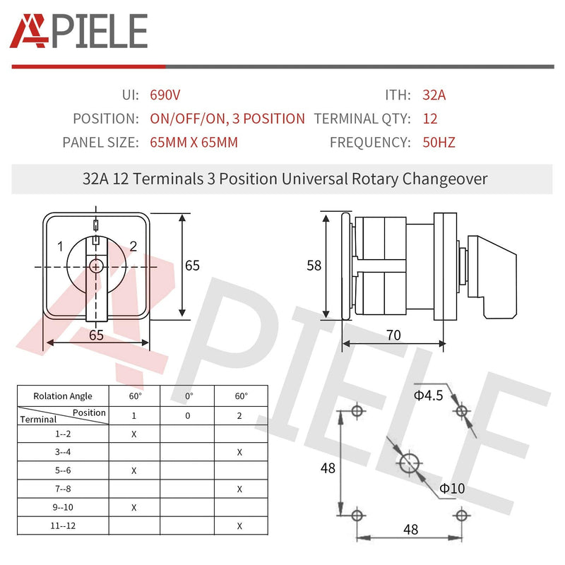 [Australia - AusPower] - APIELE Changeover Selector Switch 32A 3 Position 12 Terminals Poles 440V Universal Rotary Cam Selector 32A 12 Terminals 