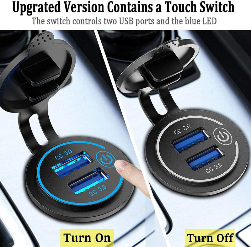[Australia - AusPower] - [2 Pack] 12V USB Outlet, Quick Charge 3.0 Dual USB Power Outlet with Touch Switch, Waterproof 12V/24V Fast Charge USB Charger Socket DIY Kit for Car Boat Marine Bus Truck Golf Cart RV Motorcycle, etc. 