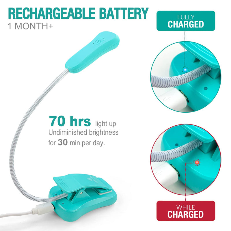 [Australia - AusPower] - Vekkia/LuminoLite Rechargeable Book Light, 3 Colortemperature × 3 Brightness, Reading Lights for Reading in Bed, Up to 70 Hours Lighting, Great for Readers, Kids & Travel (Turquoise) Blue 