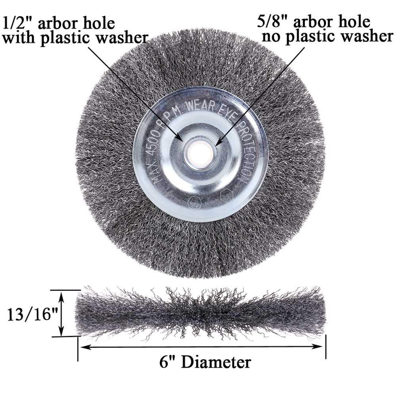 [Australia - AusPower] - EMILYPRO 6" Bench Wire Wheel Brush | Coarse Crimped Steel Wire 0.012" with 1/2" and 5/8" Arbor for Bench Grinder - 1pcs 6in 1pcs 