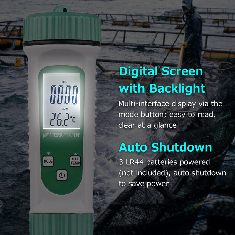 [Australia - AusPower] - Digital Water Quality Tester,Geevorks 6 in 1 PH/EC/TDS/SALT/S.G/Temperature Meter with ATC,Water Quality Monitor Backlight LCD Display for Hydroponics, Household Drinking, Pool and Aquarium 
